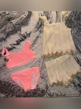 Janie and Jack Summer Bundle - Pink Swim Set with Cream Crochet Tank & Shorts